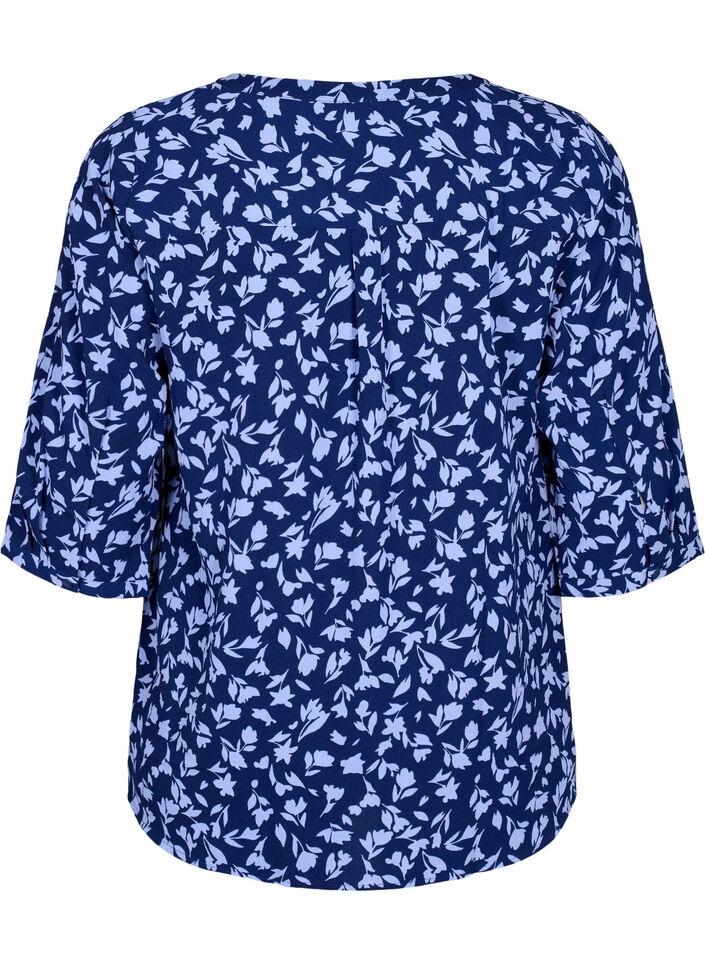 Blomstret bluse med 3/4-ermer, M. Blue Flower AOP, Packshot image number 1
