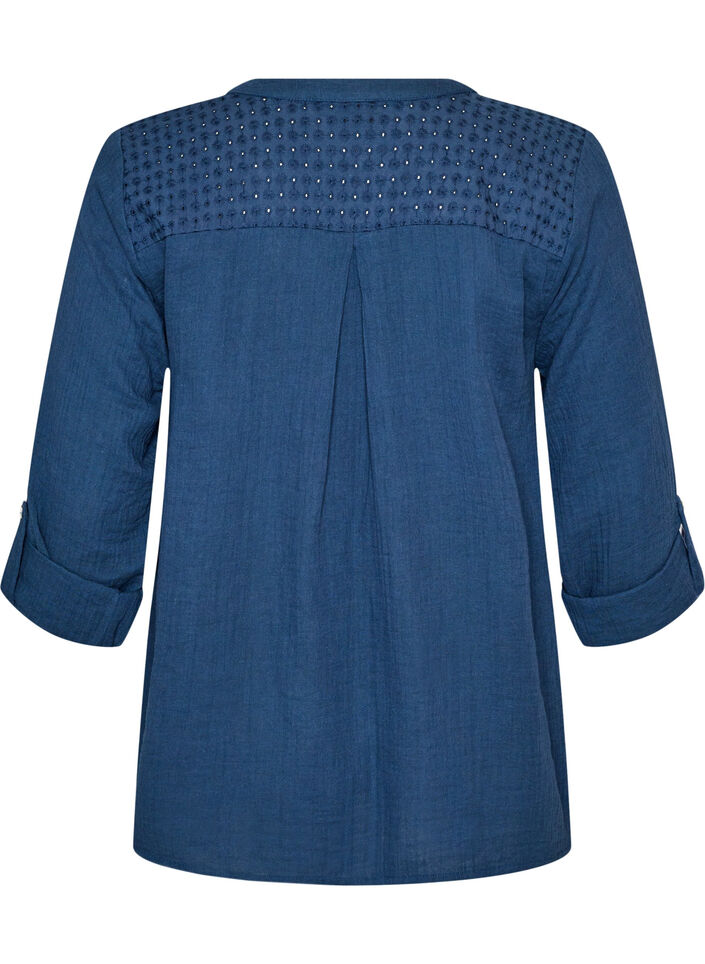 Bluse i bomullsmuslin med broderie anglaise, Bl&aring;, Packshot image number 1