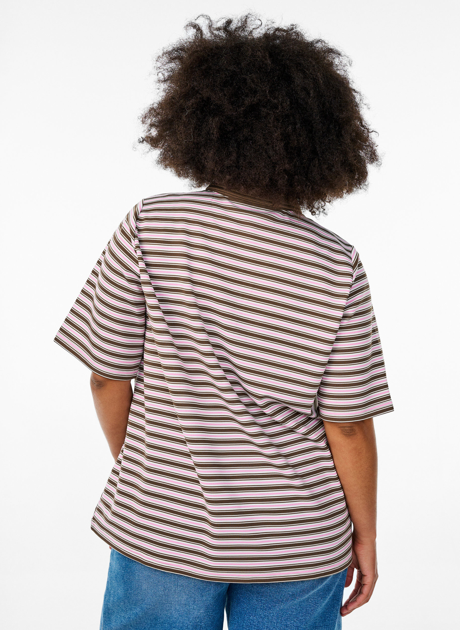 Zizzi Stripete poloskjorte med korte ermer og glidel&aring;s, Brun, Model image number 2