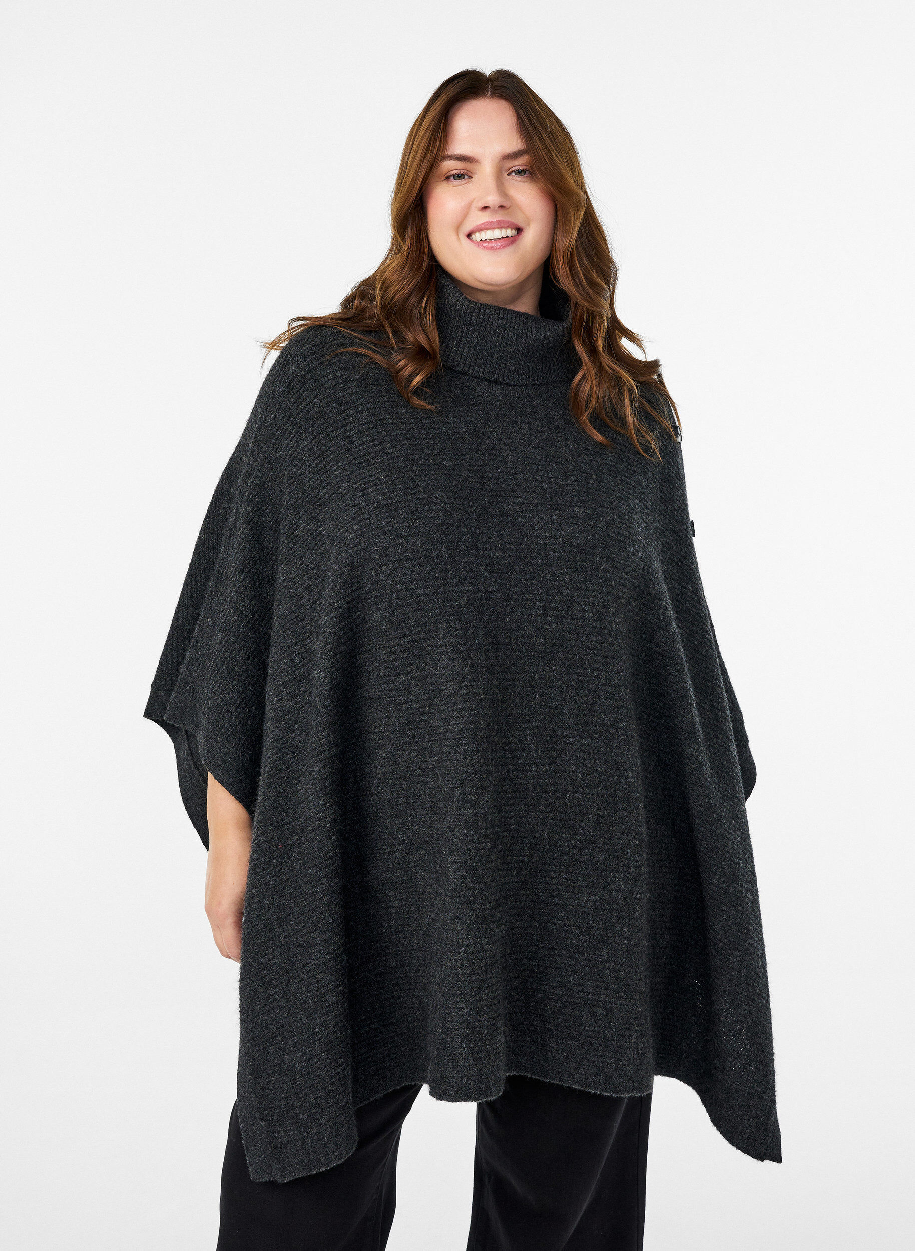 Poncho med h&oslash;y hals og knappdetaljer, Gr&aring;, Model
