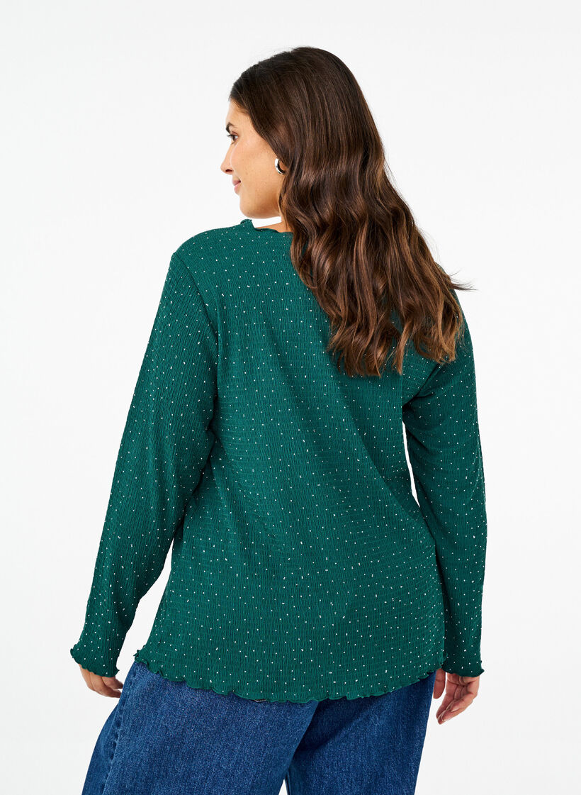 Langermet bluse med rhinsteiner, Grønn, Model image number 2