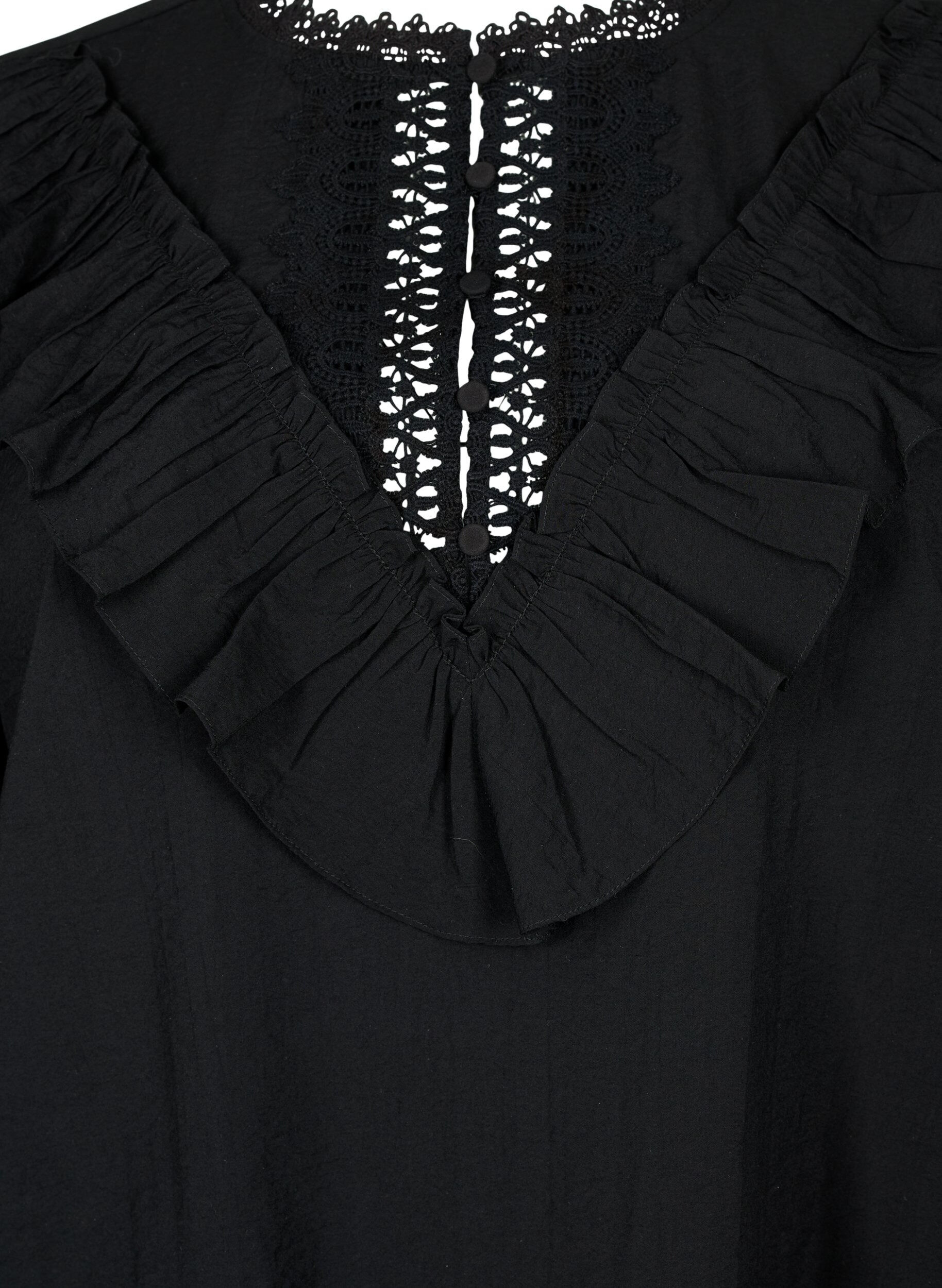 Zizzi Bluse i viskose med volanger og broderidetaljer, Black, Packshot image number 2