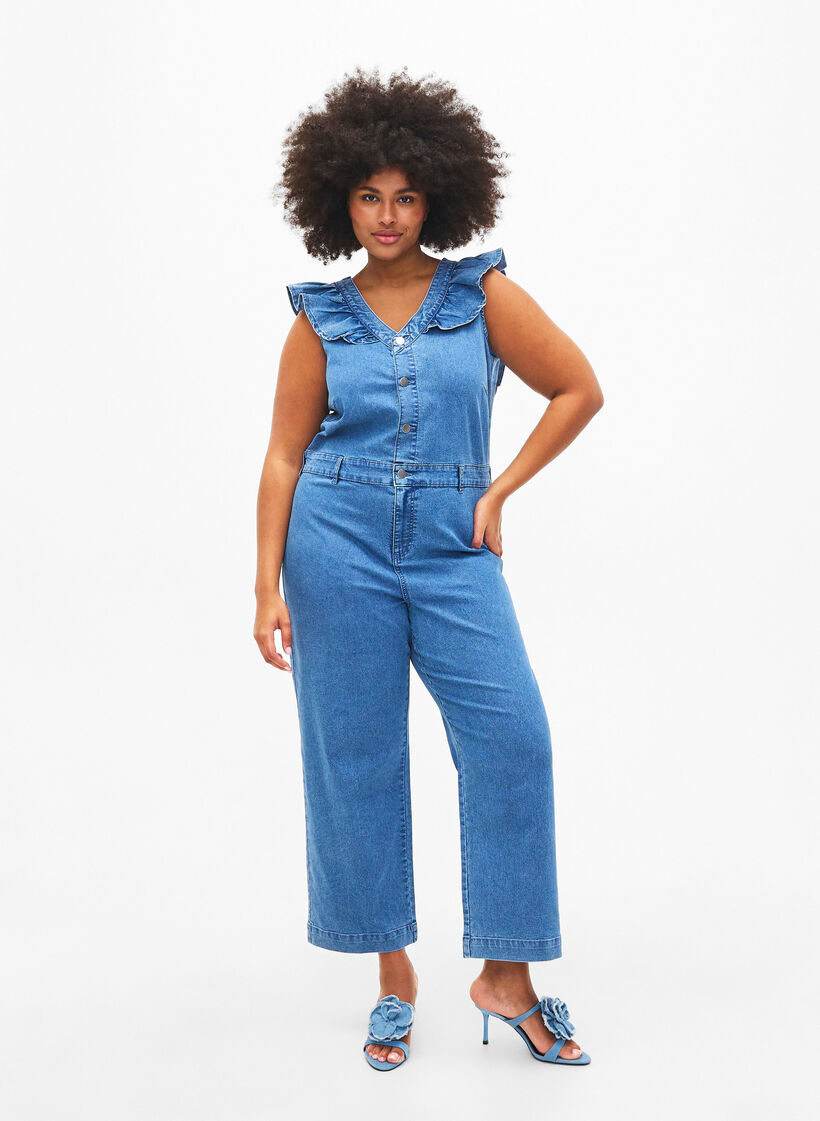 Jumpsuit i denim med volanger, Light Blue Denim, Model image number 0