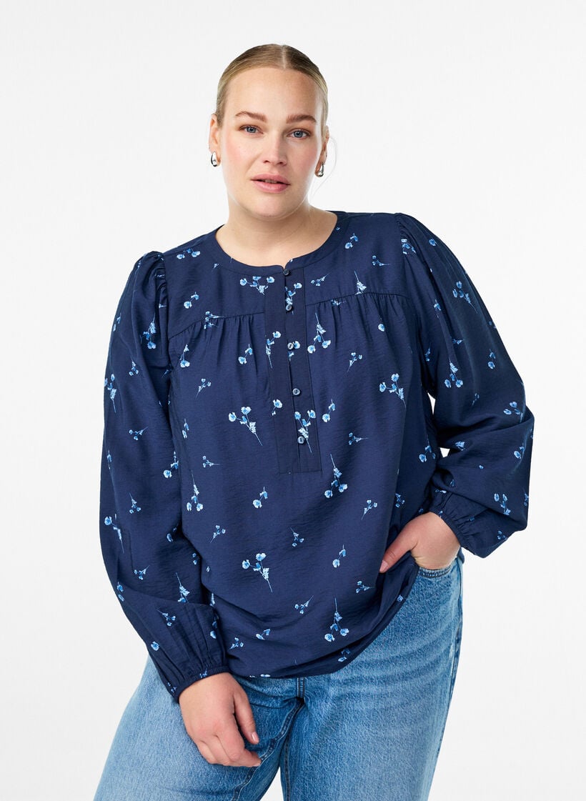 Bluse med knappelukking og små blomster, Blå, Model image number 0