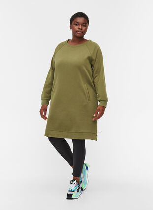 Kjole med lommer og splitt, Olive Drab, Model image number 2