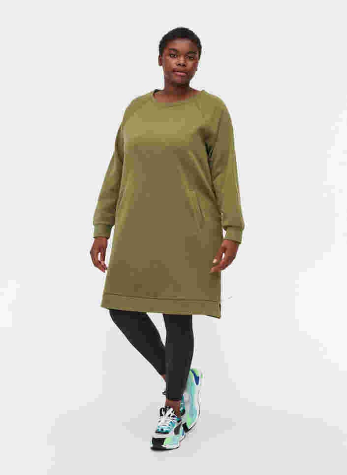 Kjole med lommer og splitt, Olive Drab, Model image number 2