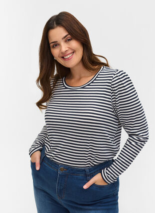 Stripete genser med lange ermer, N. Sky/White Stripe, Model image number 0