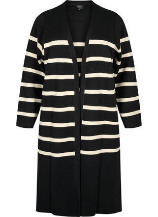 Zizzi Strikket cardigan med striper i viskoseblanding, Black w. Birch, Packshot image number 0