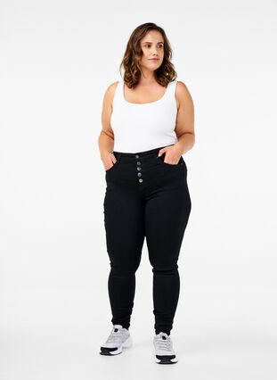 Zizzi Amy-jeans med høyt liv og knappelukking, Black, Model image number 0