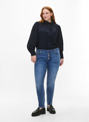 Sanna-jeans med supersmal passform og knappelukking, Blue denim, Model image number 0
