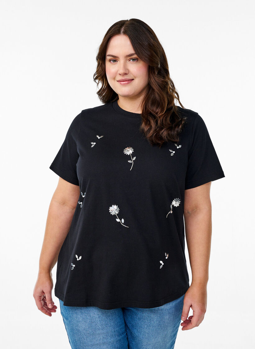 T-skjorte med paljettblomster, Svart, Model image number 0
