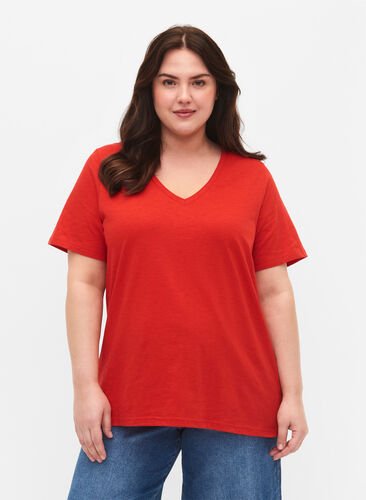 Kortermet basic t-skjorte med v-hals, Flame Scarlet, Model image number 0