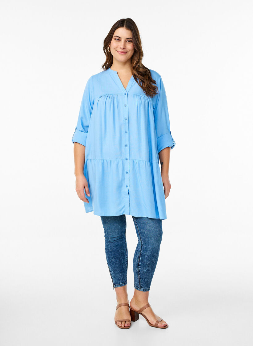 Tunika med V-hals og rynkede detaljer, Blå, Model image number 1