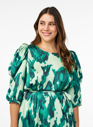 Zizzi Kortermet festkjole med knytebelte, Grønn, Model image number 2
