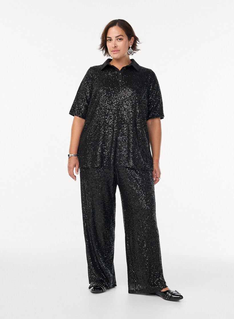Bluse med paljetter, poloskjorte-krage og korte ermer, Svart, Model