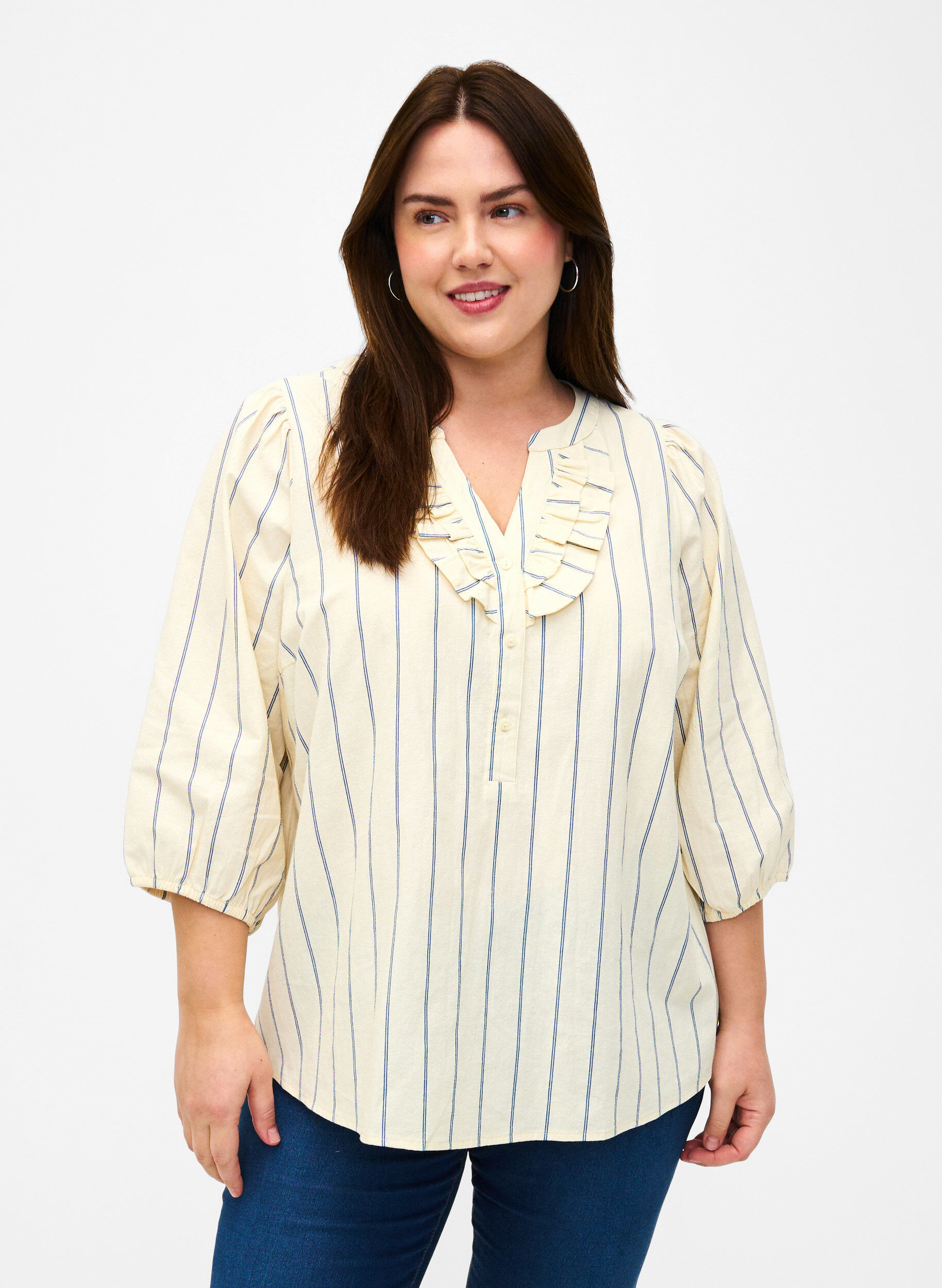 Zizzi Bomullsbluse med striper og trekvartlange ermer, Eggnog Stripe, Model image number 0