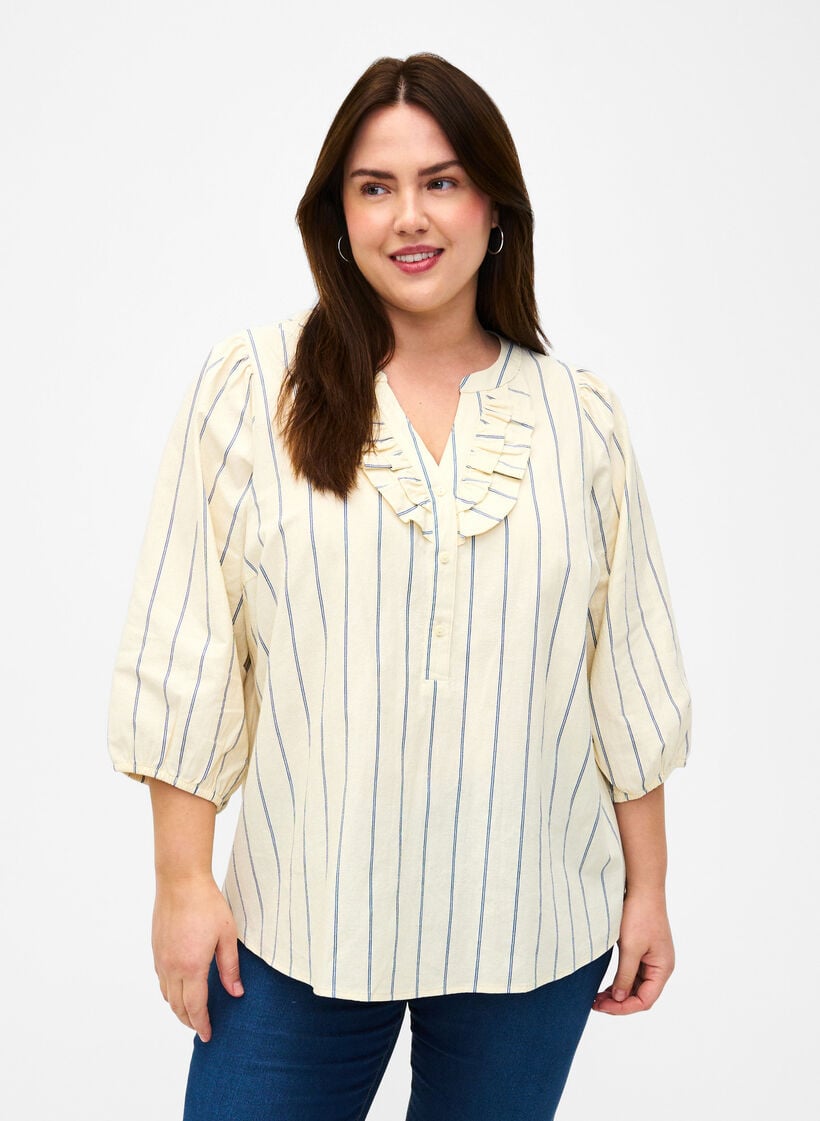 Bomullsbluse med striper og trekvartlange ermer, Eggnog Stripe, Model image number 0