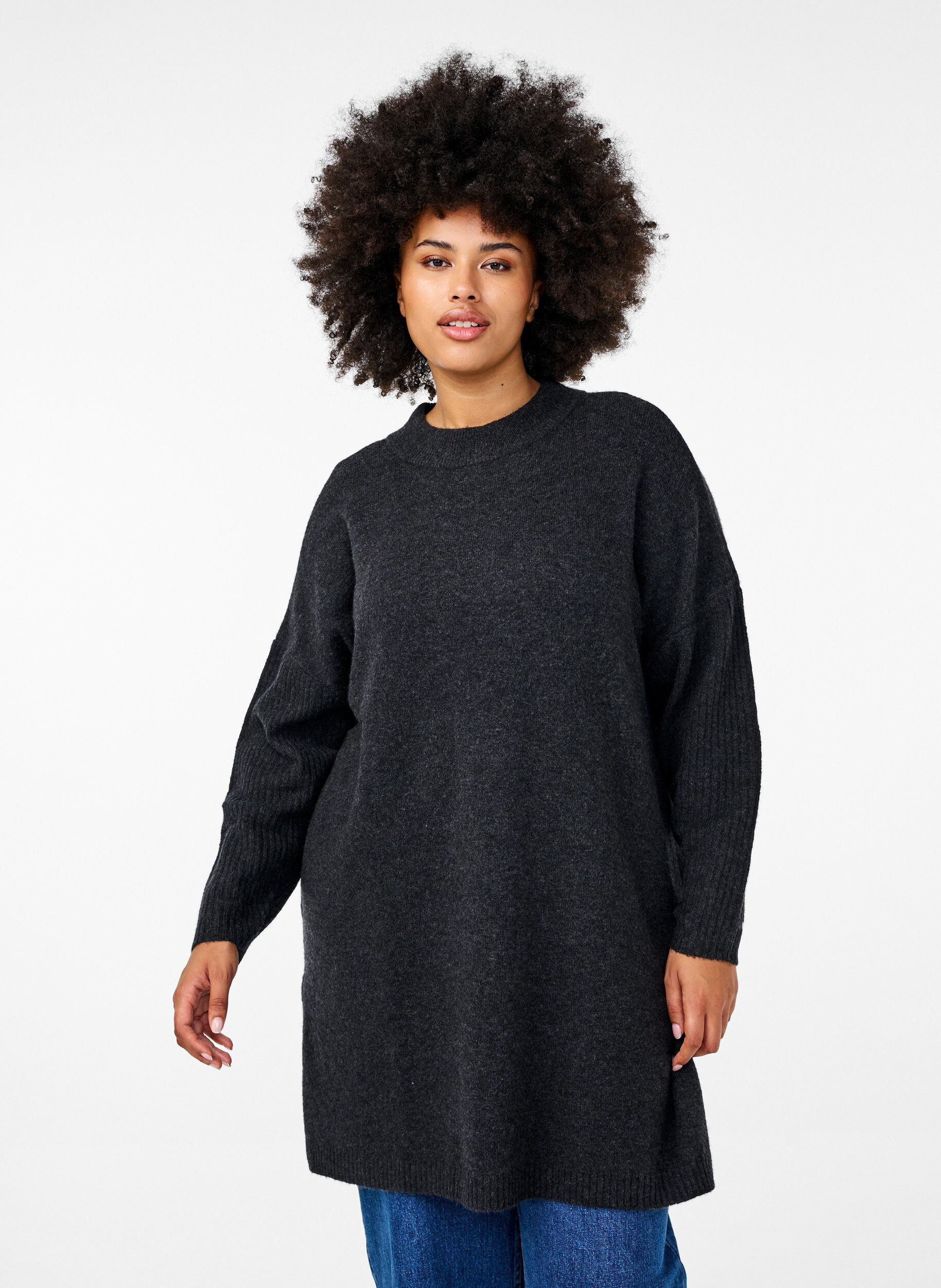 Zizzi Lang strikket bluse med lange ermer, Dark Grey Melange, Model image number 0