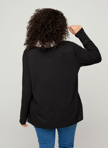 Ensfarget bluse med lange ermer og krage, Black, Model image number 1