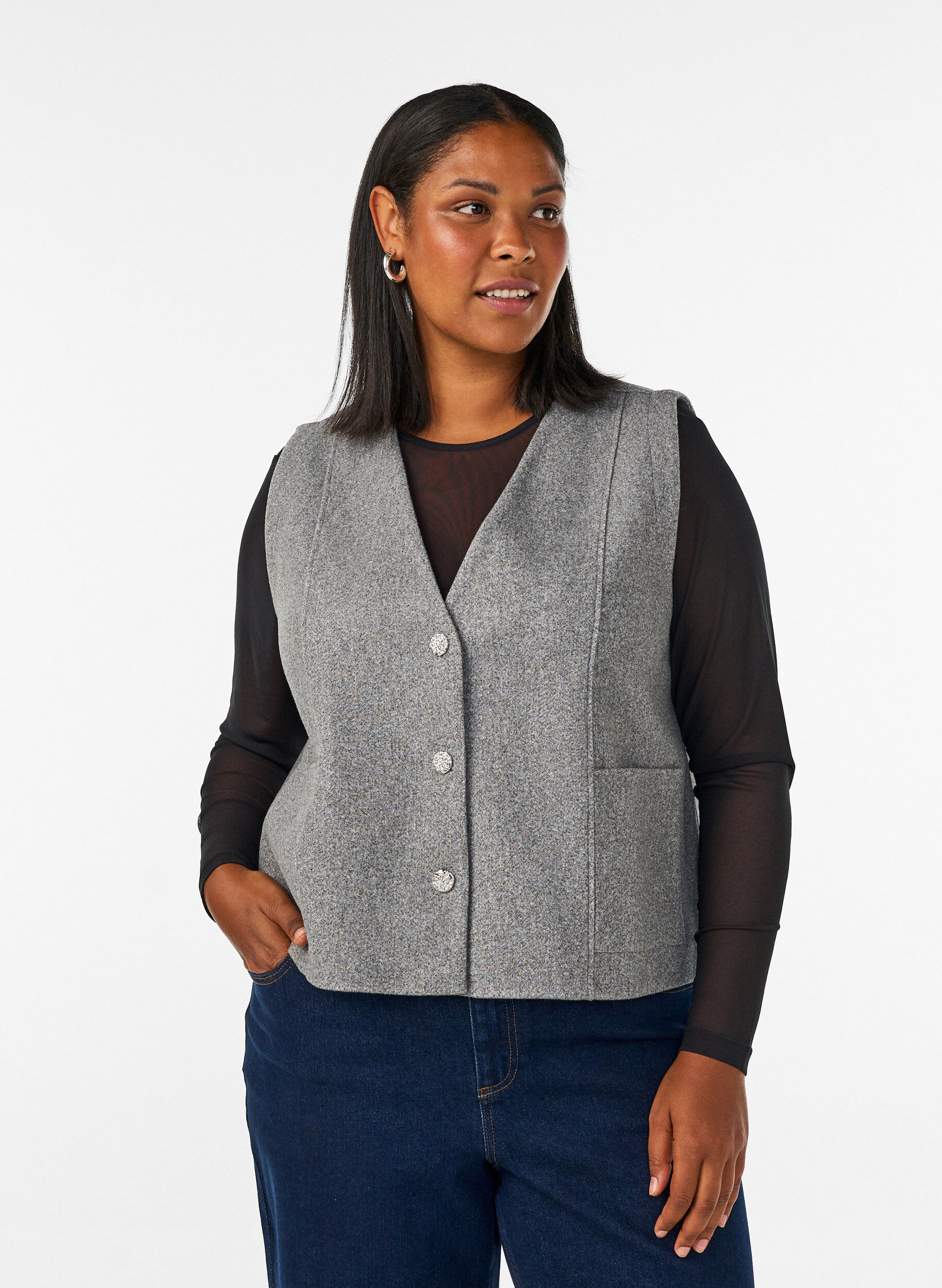 Bluse i mesh med lange ermer, Svart, Model