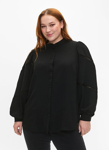 Skjortebluse med heklede detaljer, Black, Model image number 0