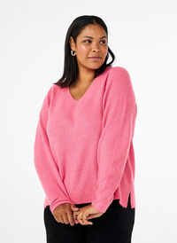 Strikket bluse med v-hals og lange ermer, Bubblegum Wh. Mel. Strikket bluse med v-hals og lange ermer, Bubblegum Wh. Mel., Model