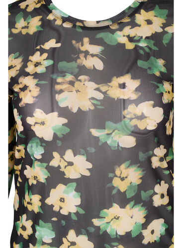 Tettsittende bluse i mesh og blomstermønster, Yellow Green AOP, Packshot image number 2