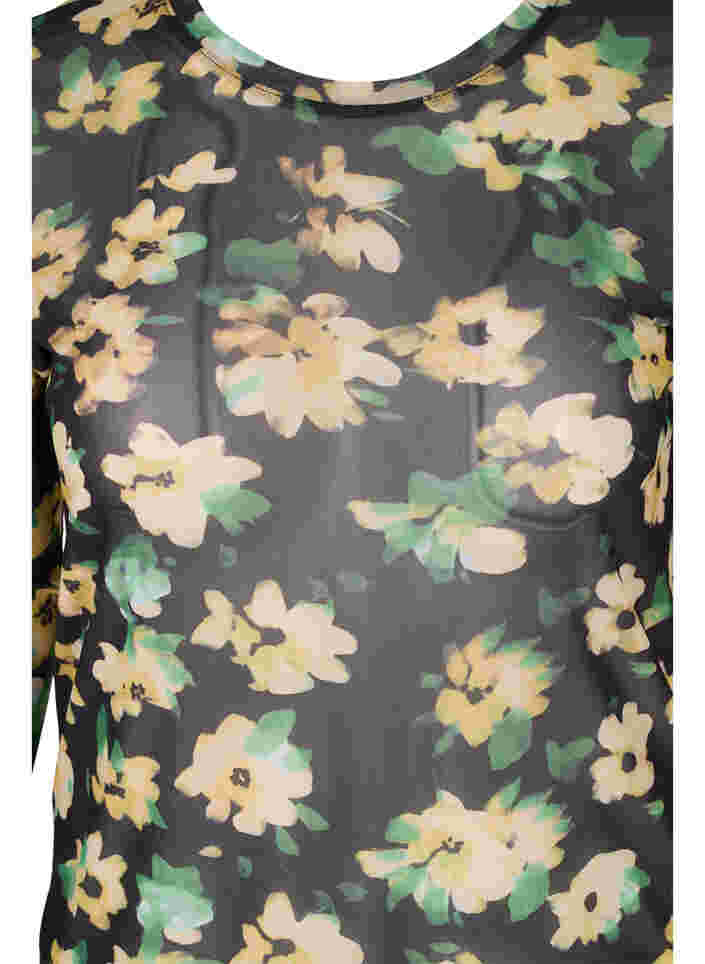 Tettsittende bluse i mesh og blomstermønster, Yellow Green AOP, Packshot image number 2