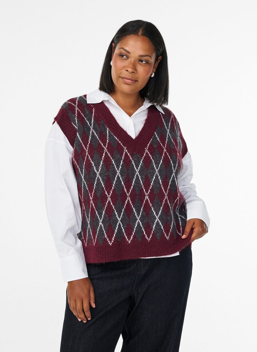 Strikkevest med v-hals og argyle-mønster, Winetasting Melange, Model