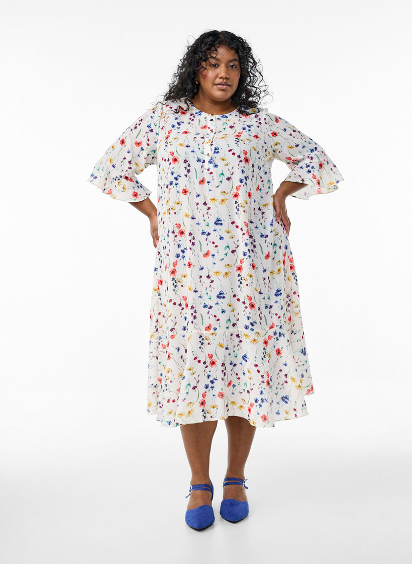 Blomstret midikjole med 3/4-ermer, Multi Flower AOP, Model