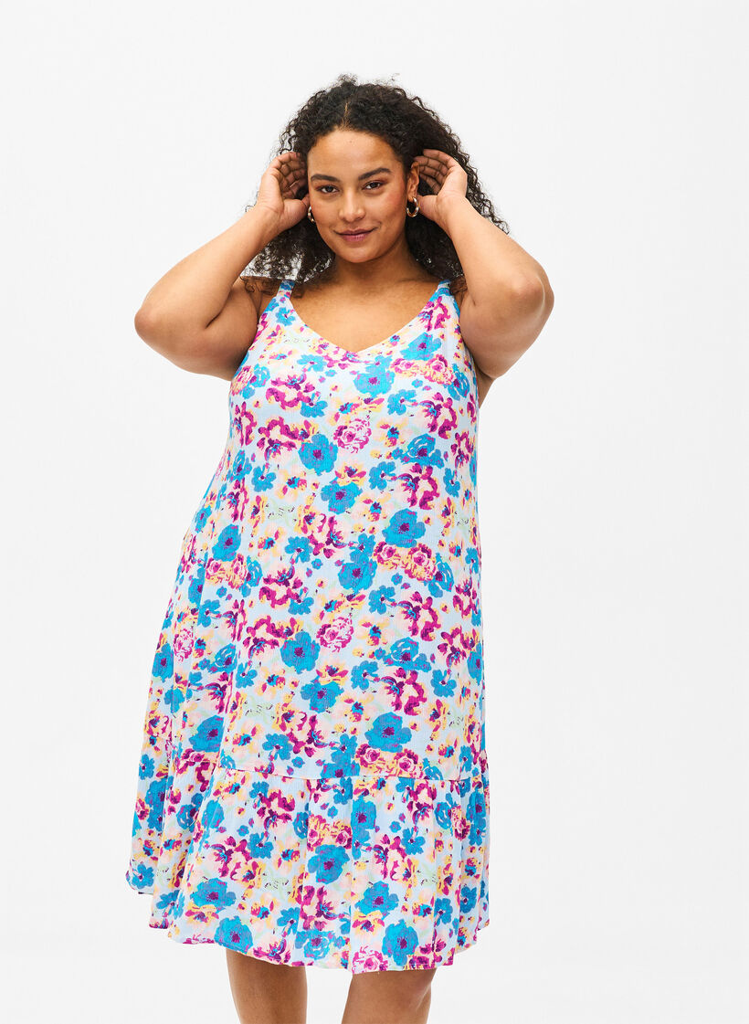 Sommerkjole i viskose med stropper, Multi Flower AOP, Model image number 0