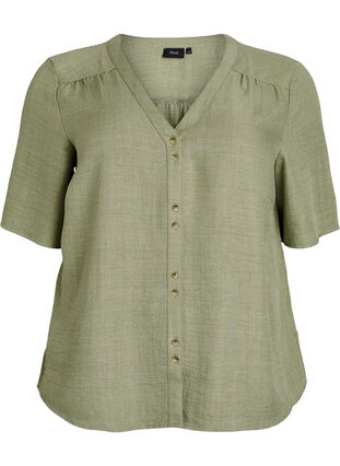 Zizzi Skjortebluse med V-hals eog korte ermer, Grønn, Packshot image number 0