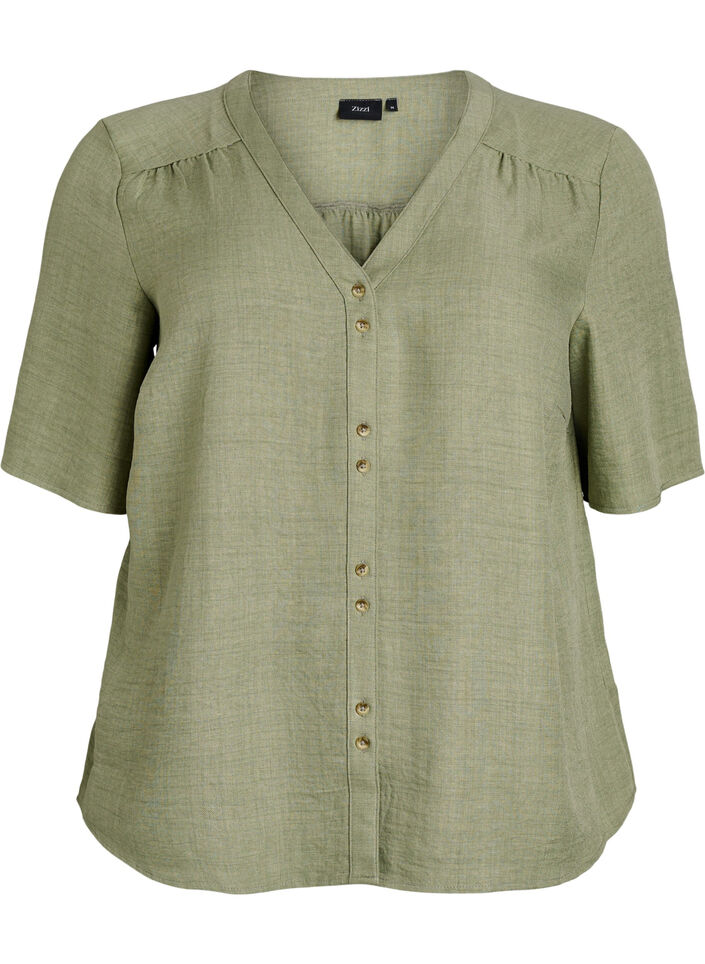 Skjortebluse med V-hals eog korte ermer, Grønn, Packshot image number 0