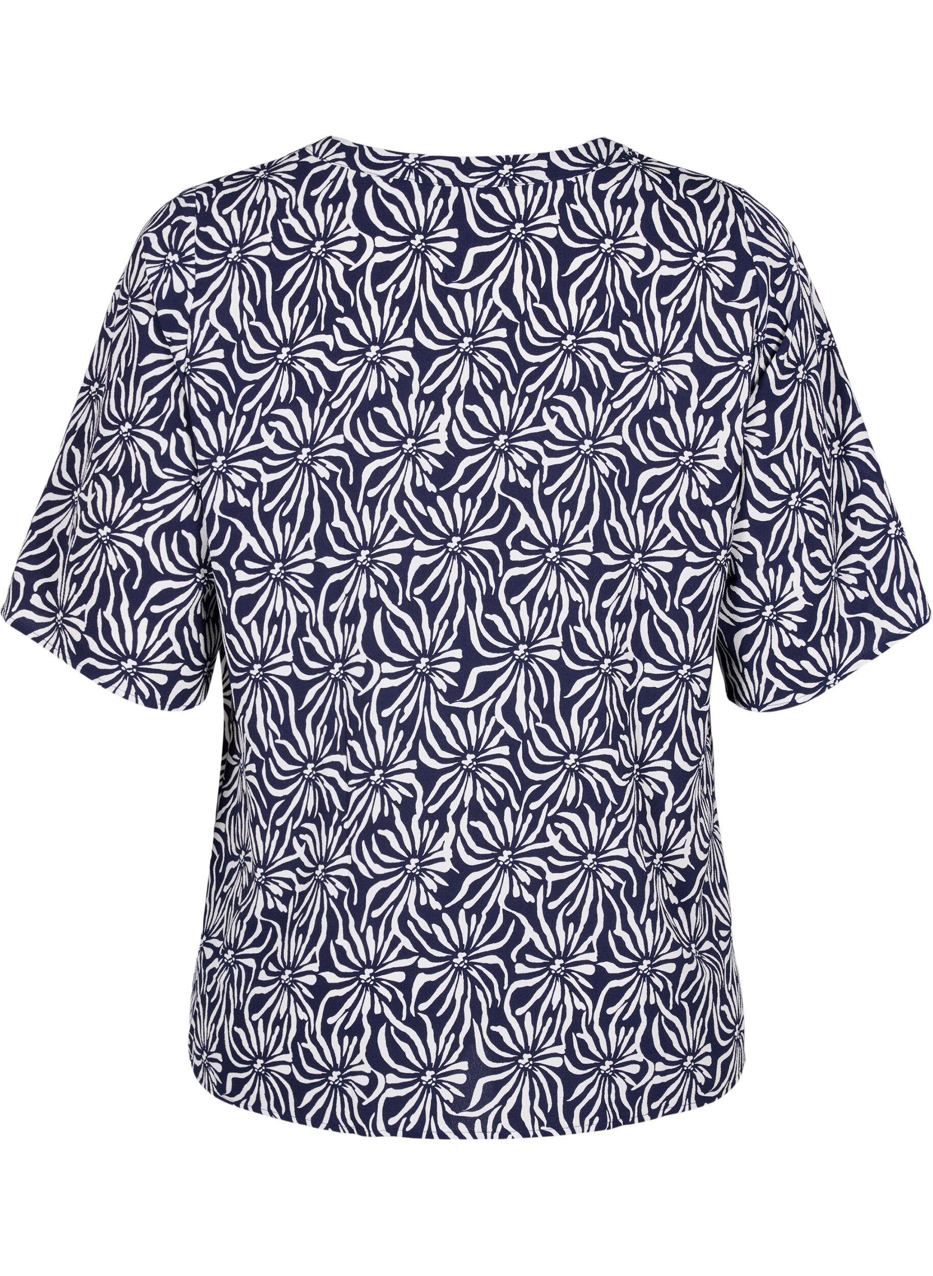 Zizzi Bluse med V-hals og blomstertrykk, White Blue Flower, Packshot image number 1