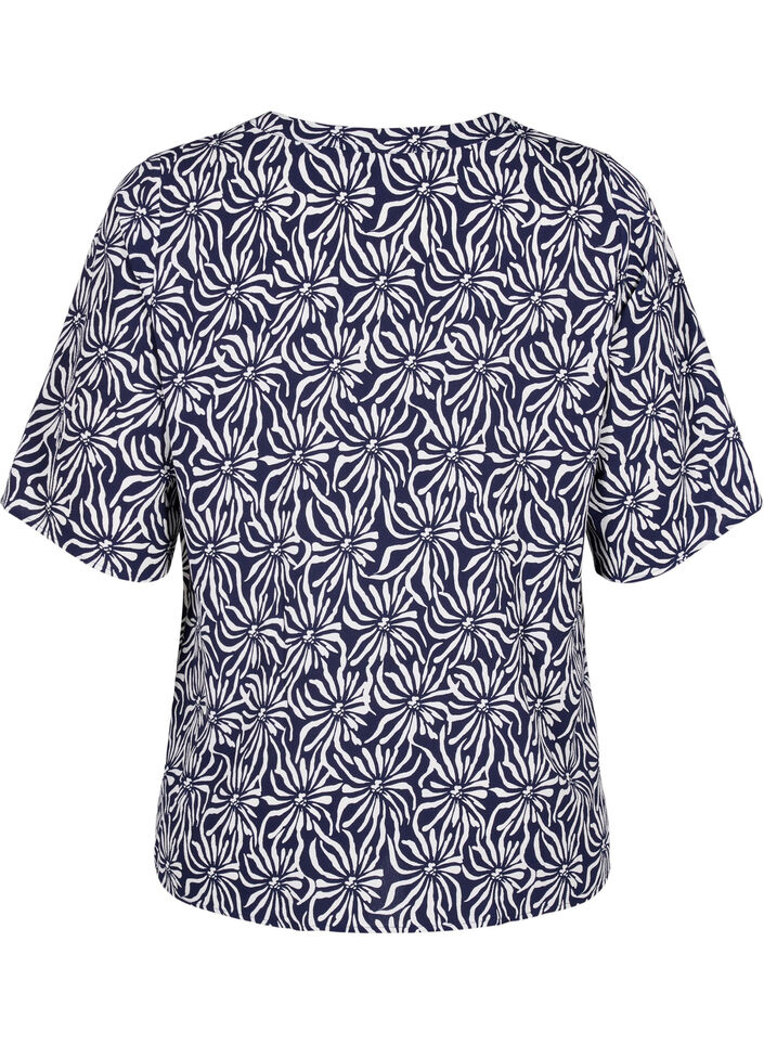 Bluse med V-hals og blomstertrykk, White Blue Flower, Packshot image number 1