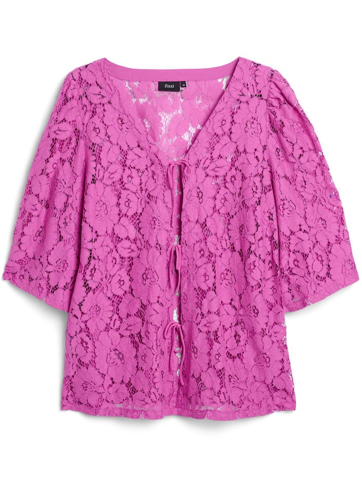 Bluse med blonder, 3/4 ermer og sløyfer foran, Purple Orchid, Packshot