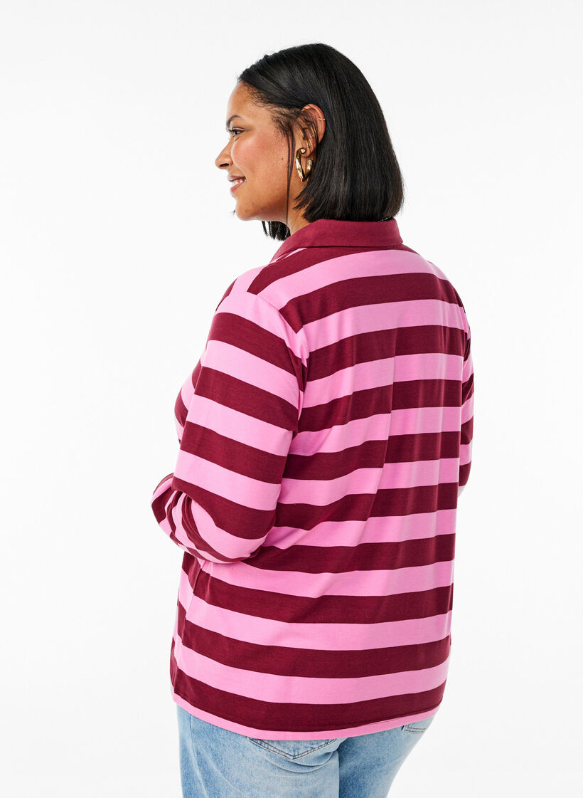 Langermet poloskjorte med striper, Mørk Bordeaux, Model image number 2