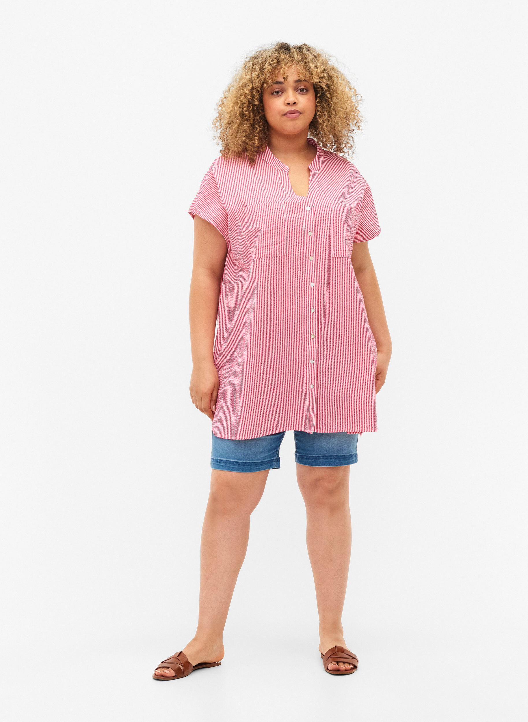 ZizziKortermet bomullskjorte med striper, Beetroot P. Stripe, Model image number 2