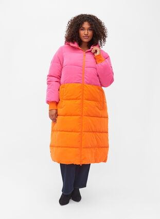 Lang vinterjakke med colorblock, Pink W/Orange, Model image number 0
