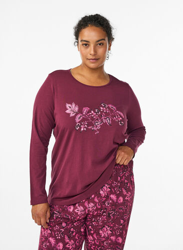 Zizzi Nattopp i bomull med frontprint, Mørk Bordeaux, Model image number 0