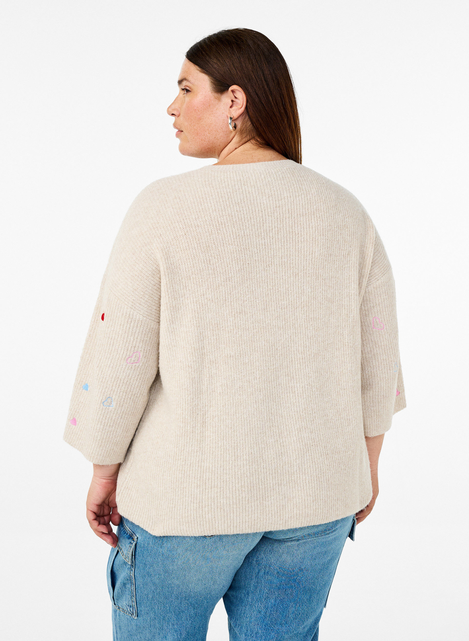 ZizziStrikket bluse med hjerter og 3/4-ermer, Beige, Model image number 2