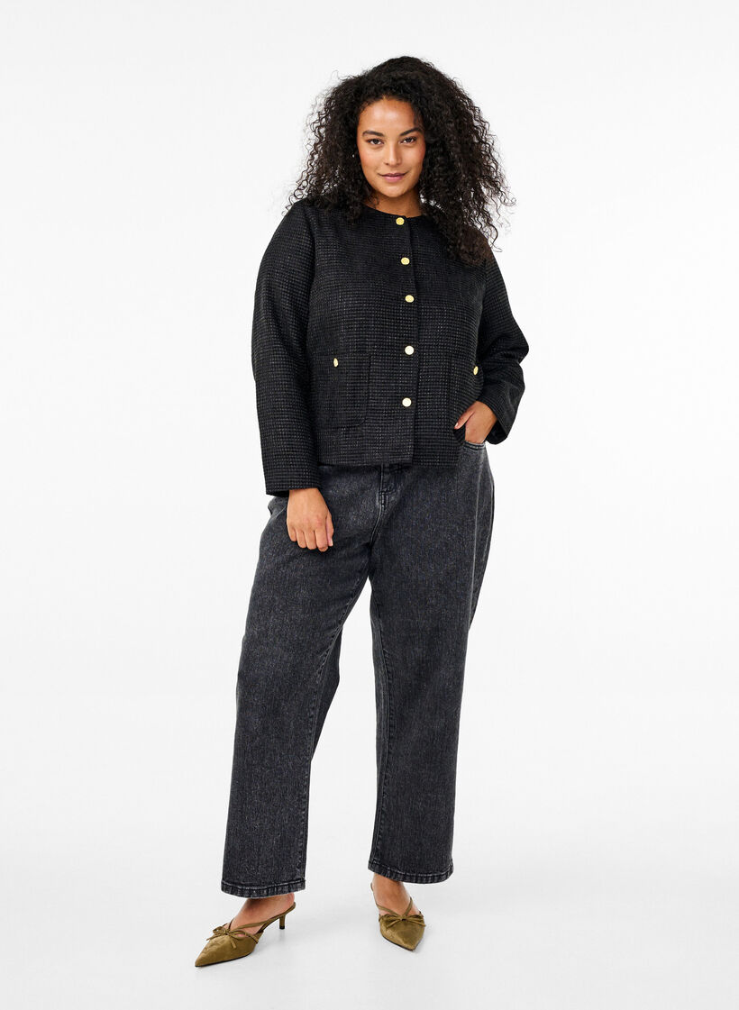 Boucle-jakke med lommer og dekorative knapper, Black, Model image number 2