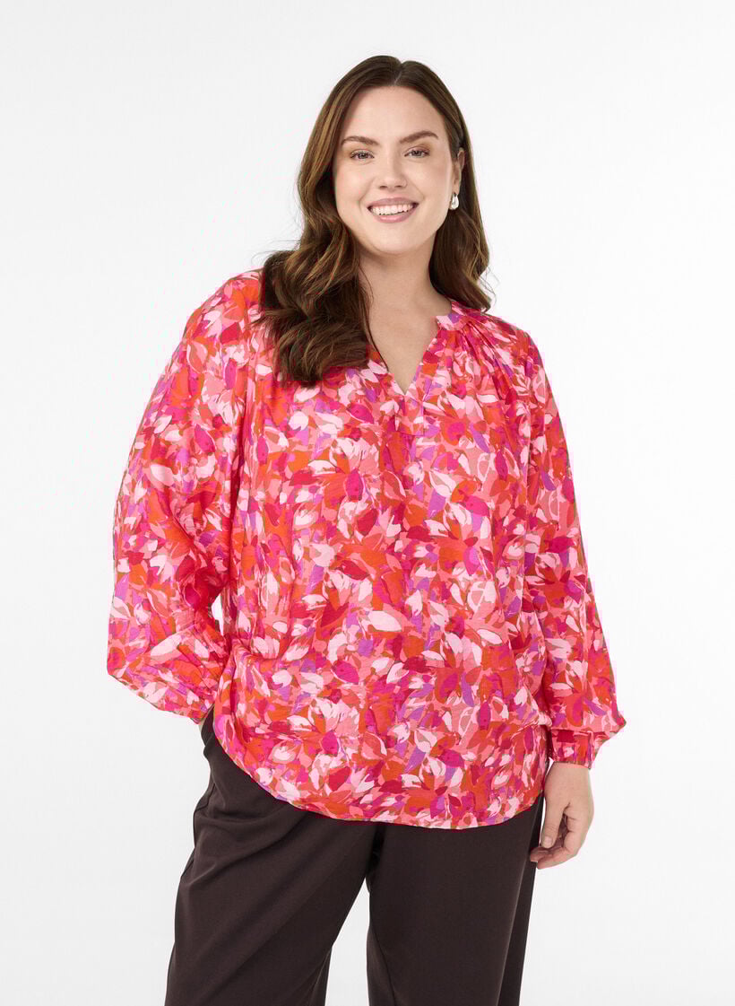 Bluse med V-hals og grafisk bladtrykk, Rosa, Model image number 0