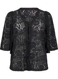 Bluse med blonder, 3/4 ermer og sløyfer foran, Black