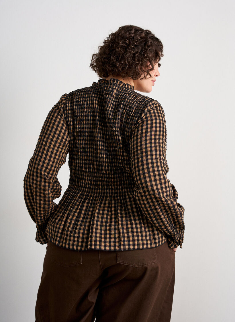 Rutete bluse med smocking og peplum, Brun, Model image number 2