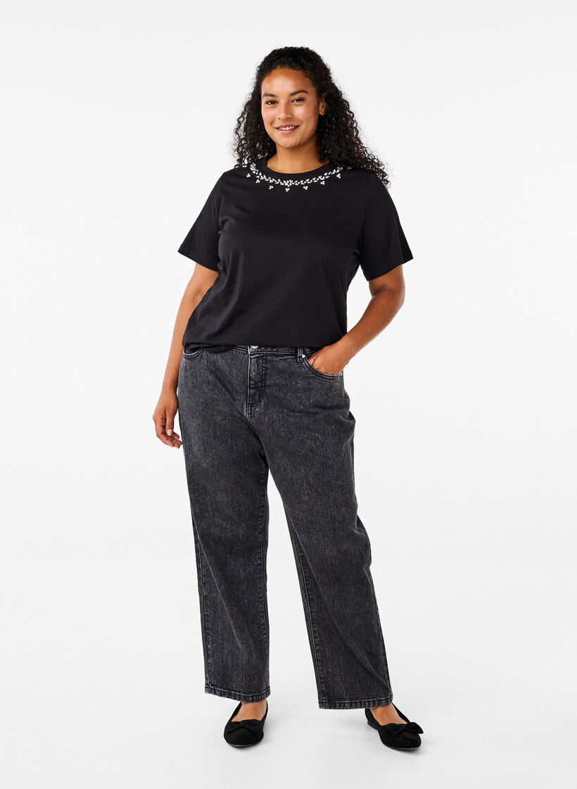 T-skjorte med rund hals og rhinestones, Black, Model image number 2