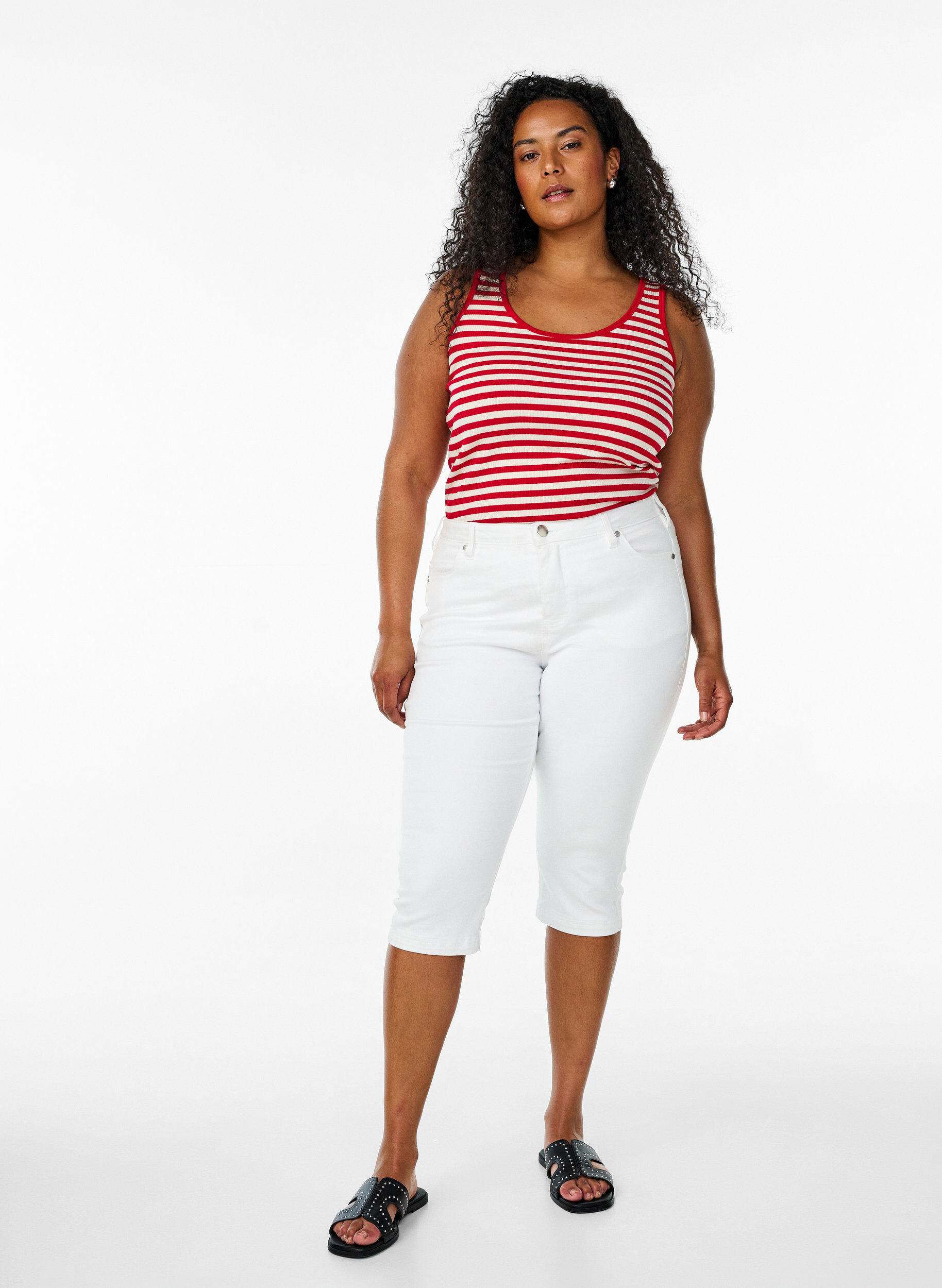 Zizzi Stripete ribbestrikket singlet, R&oslash;d, Model image number 1