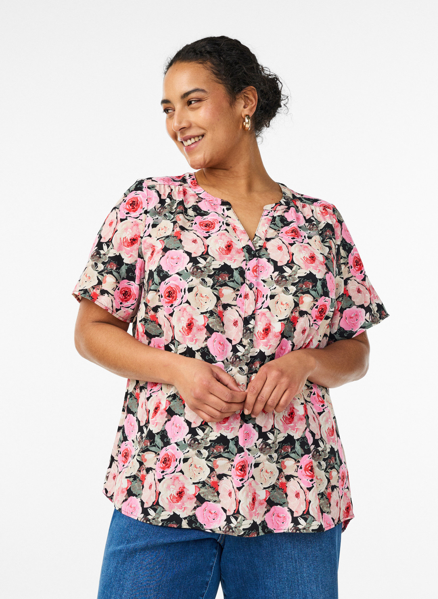 Bluse med korte ermer og v-hals, Rosa, Model