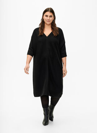 Ribbestrikket kjole med 3/4-ermer, Black, Model image number 2