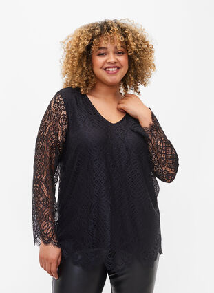 Langermet blondebluse med V-hals, Black, Model image number 0